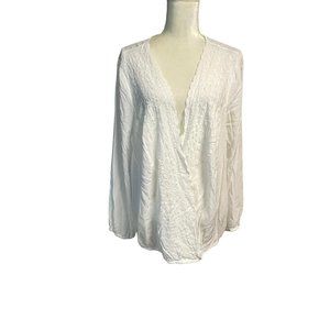 Lane Bryant Long Sleeve Deep V-Neck Eyelet Trim White Blouse Top Plus Size 28